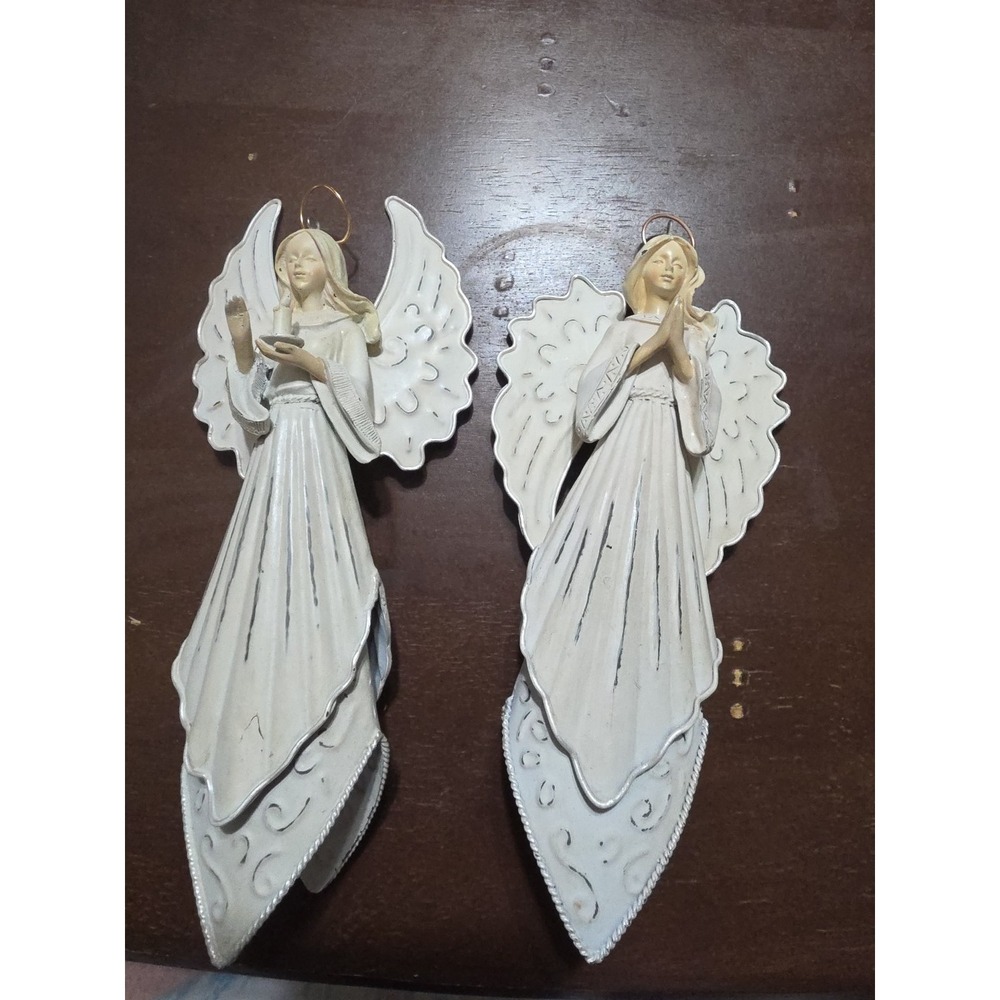 Large Set Of 2 White Color Metal Angel‎ Ornaments. Praying And Bird